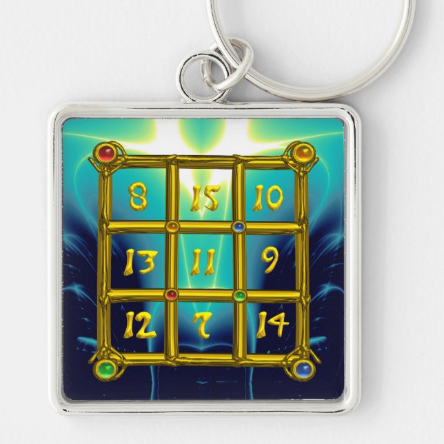 MAGIC SQUARE 33 , Guld Aqua Blue Turcos Fyrkantig Silverfärgad Nyckelring (Framsidan)