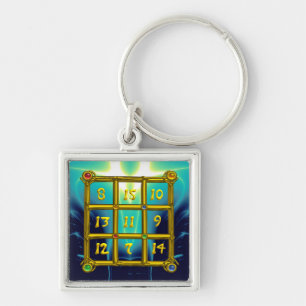 MAGIC SQUARE 33 , Guld Aqua Blue Turcos Fyrkantig Silverfärgad Nyckelring