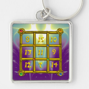 MAGIC SQUARE 33 , Rosa Violet Lila Blue Fyrkantig Silverfärgad Nyckelring