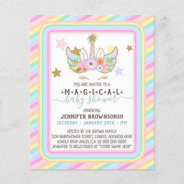 Magic Stars Rainbow Baby Shower Unicorn Inbjudan Flygblad (Framsidan)