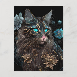 Magic steampunk Maine Coon cat and blommor AI art Vykort