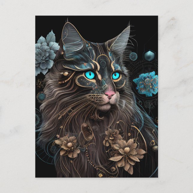 Magic steampunk Maine Coon cat and blommor AI art Vykort (Framsida)