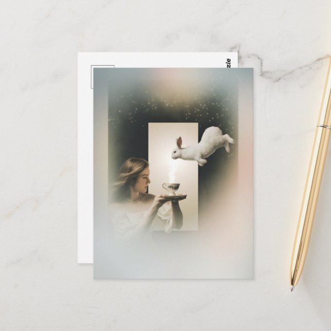 Magic Surreal Tea with White Bunny Vykort (Fram/Back In Situ)