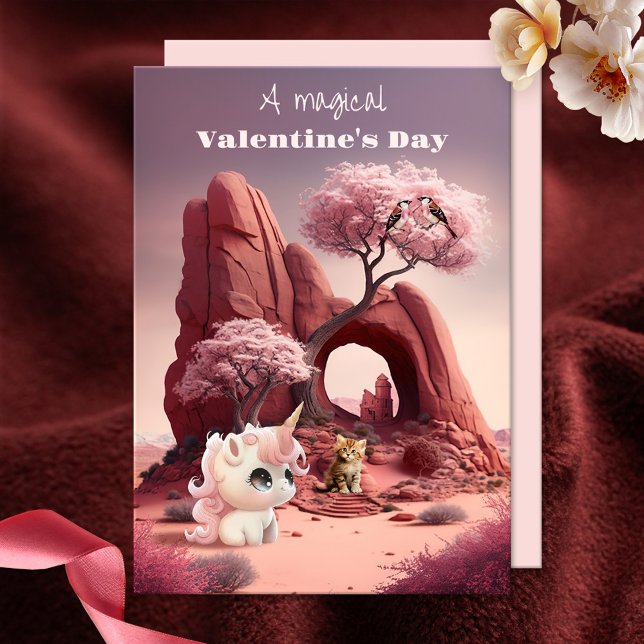 Magic Surreal Unicorn Glad Valentine Day Card Julkort (A magical surreal Valentines card showing a cute kitty in a pink desert with a unicorn and love bird)