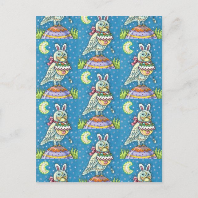 MAGIC UGGLA & PÅSK BASKET, WHIMSICAL FOLK ART BIRD HELG VYKORT (Framsida)