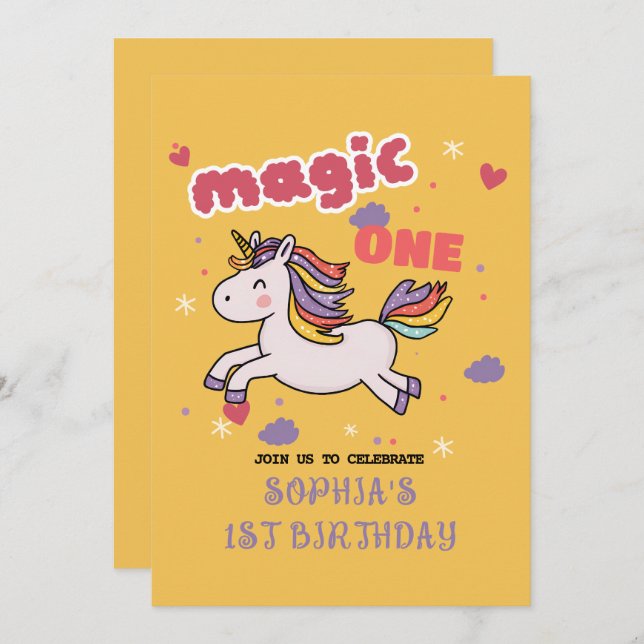 Magic Unicorn 1:a födelsedagsinbjudan Inbjudningar (Fram/baksida)