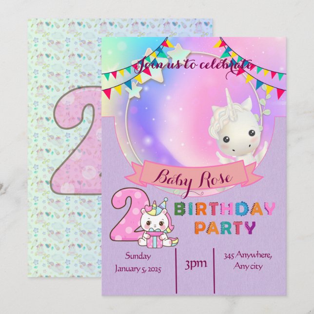 Magic Unicorn - 2:a födelsedagspartiets inbjudan (Fram/baksida)
