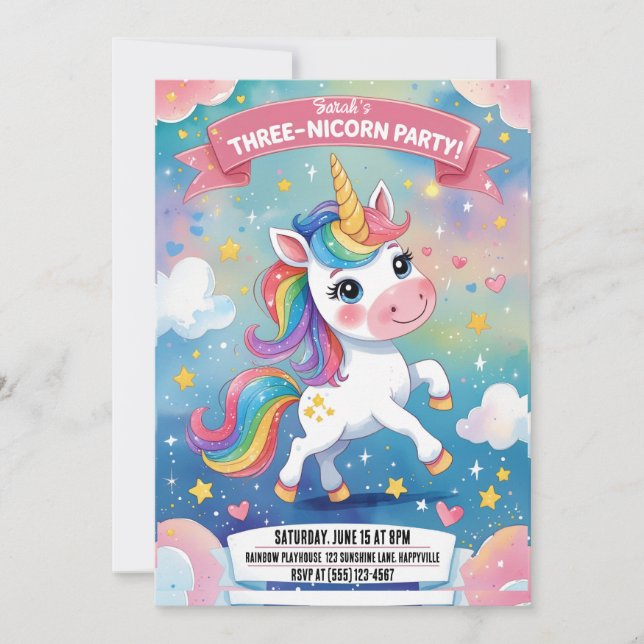 Magic Unicorn 3:e födelsedagsinbjudan | Rosa Inbjudningar (Framsida)