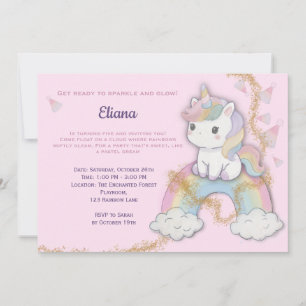 Magic Unicorn 5 Birthday Pastel Rainbow Inbjudningar
