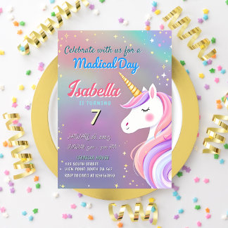 Magic Unicorn 7:e Birthday Pastel Rainbow Theme Inbjudningar