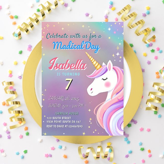 Magic Unicorn 7:e Birthday Pastel Rainbow Theme Inbjudningar (Skapare uppladdad)