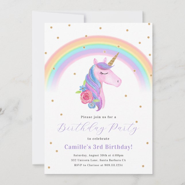 Magic Unicorn and Rainbow Birthday bjudande Inbjudningar (Framsida)