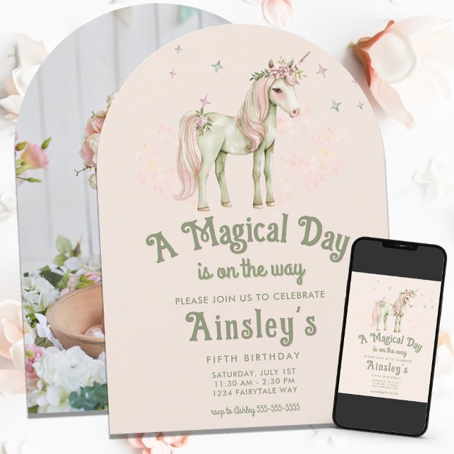 Magic Unicorn Anpassningsbar Photo Rosa Arched Bir Inbjudningar (Skapare uppladdad)
