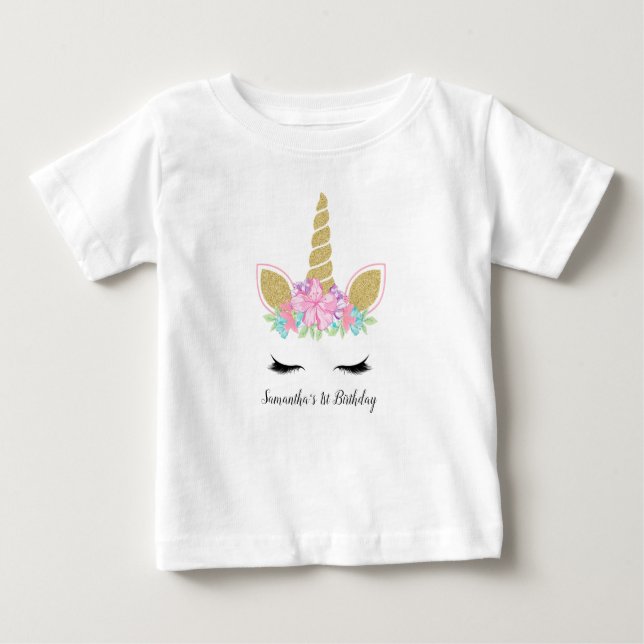 Magic Unicorn Ansikte Blommigt First Birthday Outf T Shirt (Framsida)
