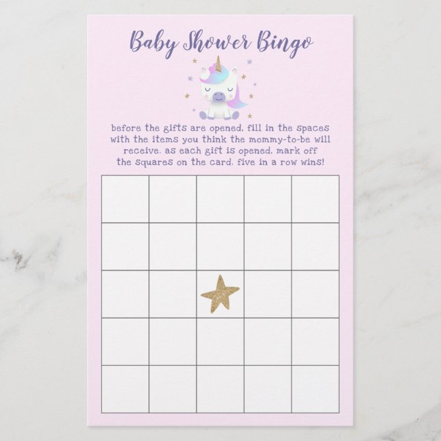 Magic Unicorn Baby Shower Bingo Game (Framsida)