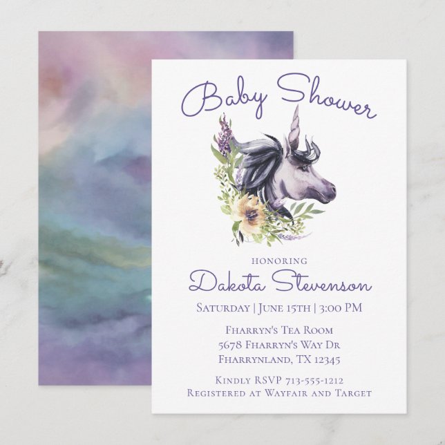 Magic Unicorn Baby Shower | Modern vattenfärg Inbjudningar (Fram/baksida)