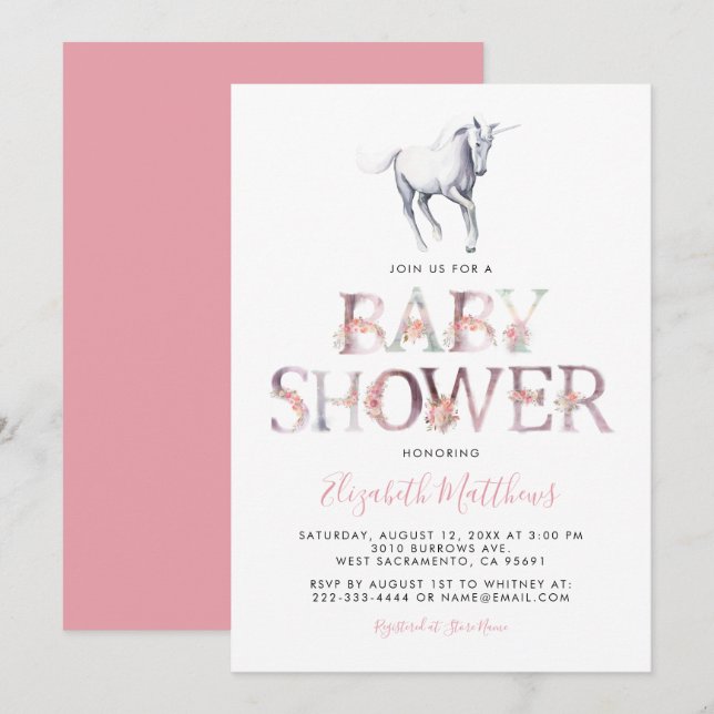 Magic Unicorn Baby Shower | Rosa Blommigt Girl Inbjudningar (Fram/baksida)