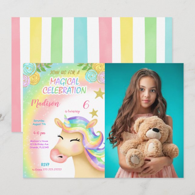 Magic Unicorn Barns födelsedag Photo-inbjudan Inbjudningar (Fram/baksida)