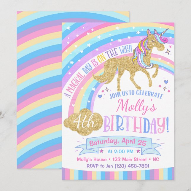 Magic Unicorn Birthday bjudande Rainbow Inbjudan (Fram/baksida)