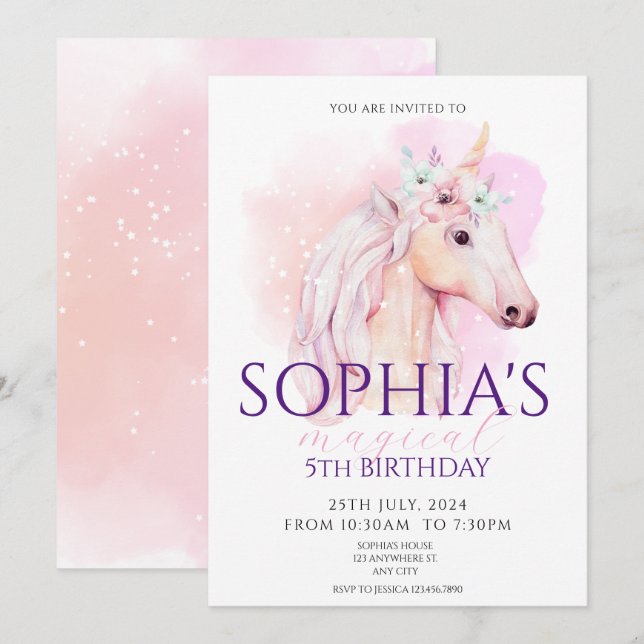 Magic Unicorn Birthday bjudande Rainbow Inbjudningar (Fram/baksida)