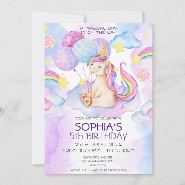 Magic Unicorn Birthday bjudande Rainbow Inbjudningar (Framsida)