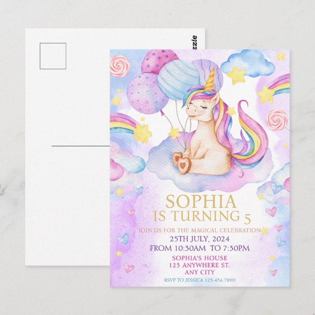 Magic Unicorn Birthday bjudande Rainbow Vykort (Fram/baksida)