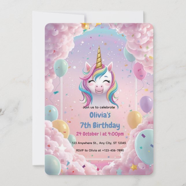Magic Unicorn Birthday bjudande - Regnbågdel Inbjudningar (Framsida)