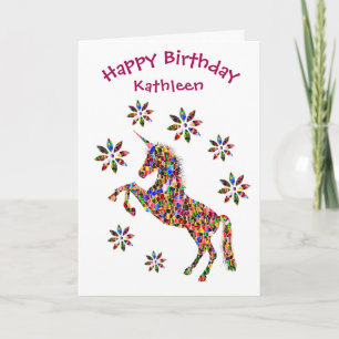 Magic Unicorn Birthday Flowers Glitter Child Kort