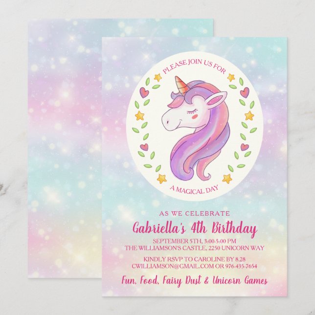 Magic Unicorn Birthday Girl Party bjudande Inbjudningar (Fram/baksida)