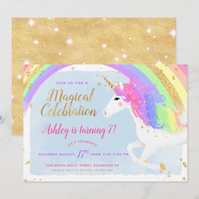 Magic Unicorn Birthday-inbjudan | Guld Rainbow Inbjudningar (Fram/baksida)