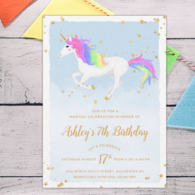 Magic Unicorn Birthday-inbjudan | Guld Rainbow Inbjudningar (Skapare uppladdad)