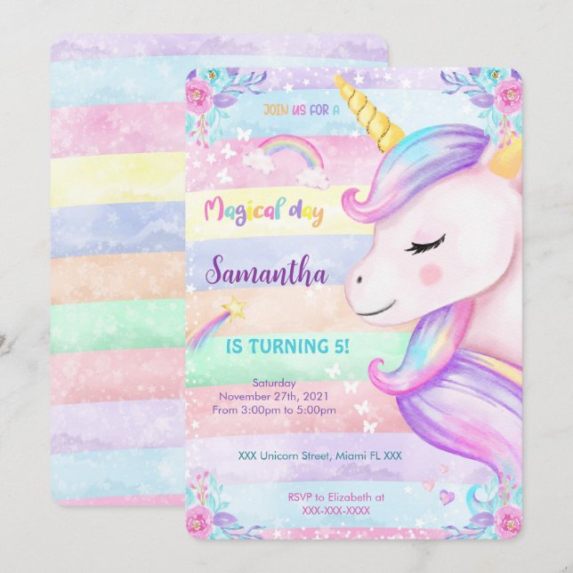 Magic Unicorn Birthday-inbjudan Inbjudningar (Fram/baksida)