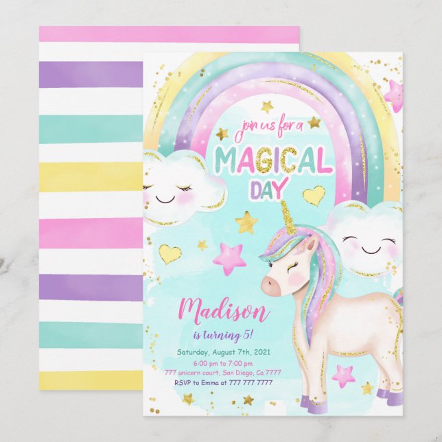 Magic Unicorn Birthday-inbjudan Inbjudningar (Fram/baksida)