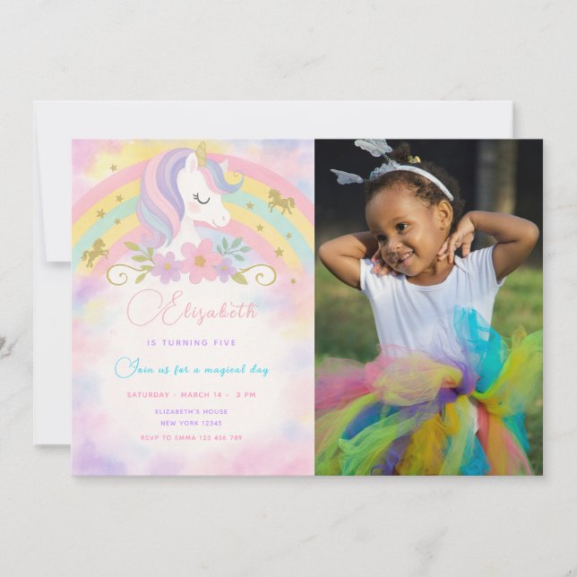 Magic Unicorn Birthday-inbjudan med foto Inbjudningar (Framsida)