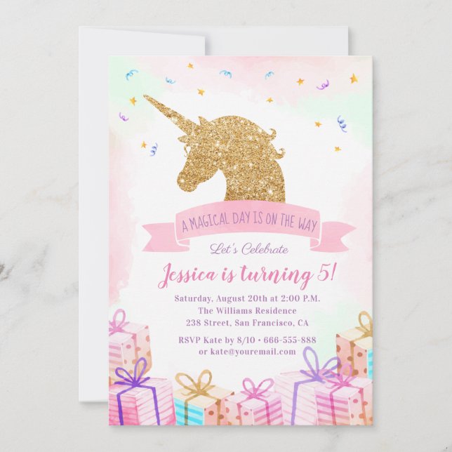 Magic Unicorn Birthday-inbjudan | ROSA GULD Inbjudningar (Framsida)