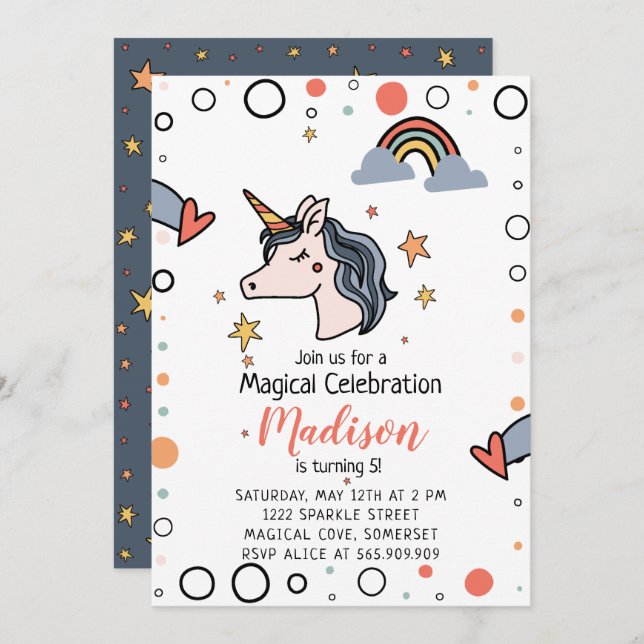 Magic Unicorn Birthday Inbjudningar (Fram/baksida)
