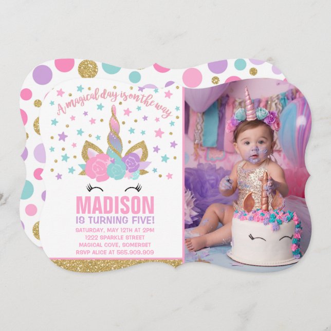 Magic Unicorn Birthday Investigation Rosa Guld Inbjudningar (Fram/baksida)