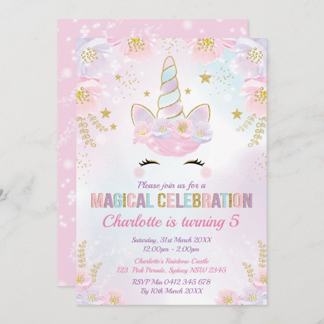 Magic Unicorn Birthday/Pastel Rosa Lila Guld Inbjudningar (Fram/baksida)