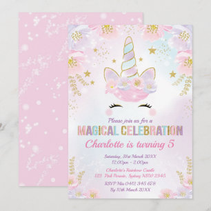 Magic Unicorn Birthday/Pastel Rosa Lila Guld Inbjudningar