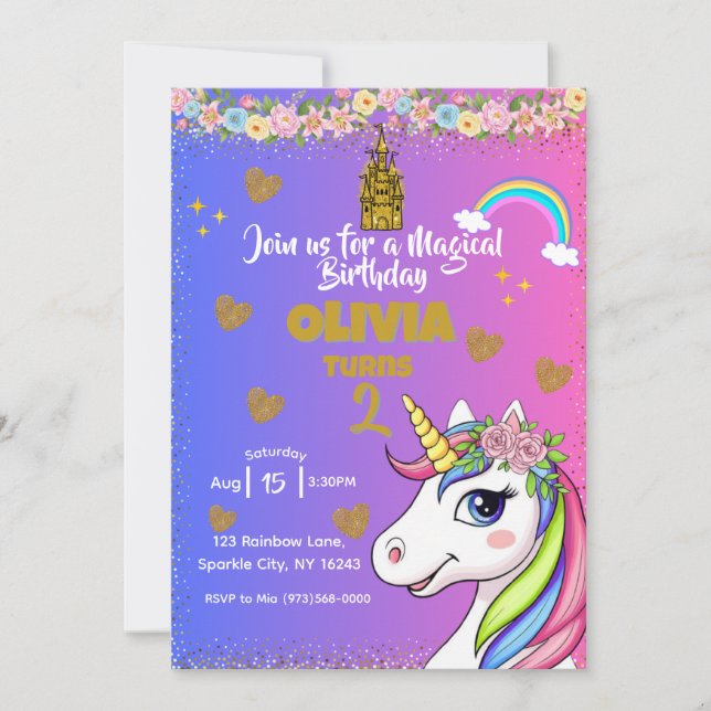 Magic Unicorn Birthday - Rosa Girls-inbjudan Inbjudningar (Framsida)