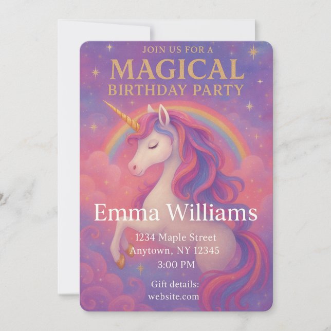 Magic Unicorn Birthday | Rosa, Guld, Fantasy Inbjudningar (Framsida)
