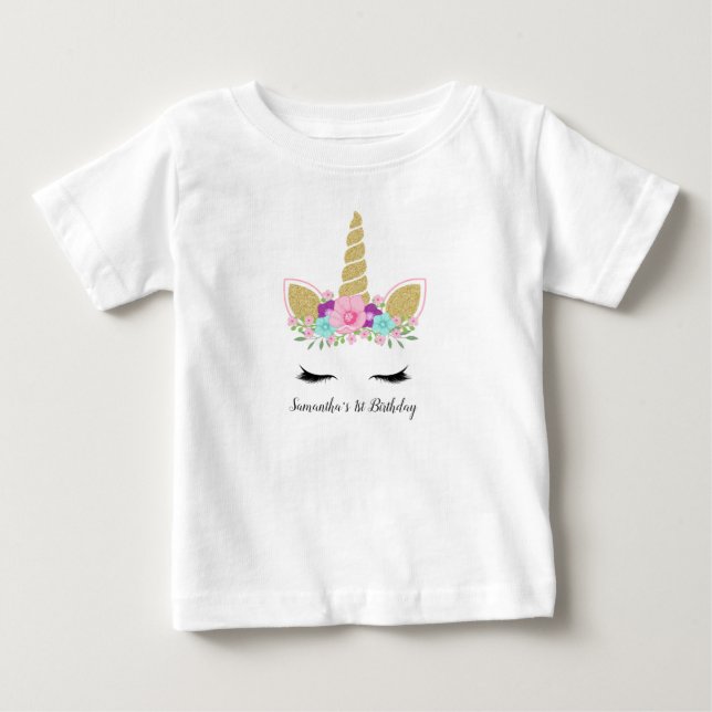 Magic Unicorn Blommigt First Birthday Outfit T Shirt (Framsida)