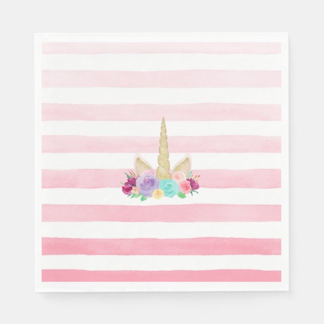 Magic Unicorn Blommigt Rosa Stripe Napkins Pappersservett (Framsidan)