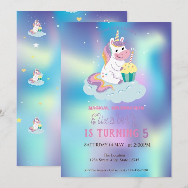 Magic Unicorn Blue HoloGraph Birthday Inbjudningar (Fram/baksida)