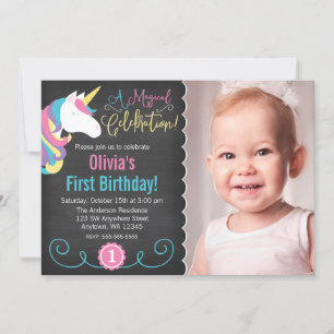 Magic Unicorn Chalkboard Photo Birthday Inbjudan