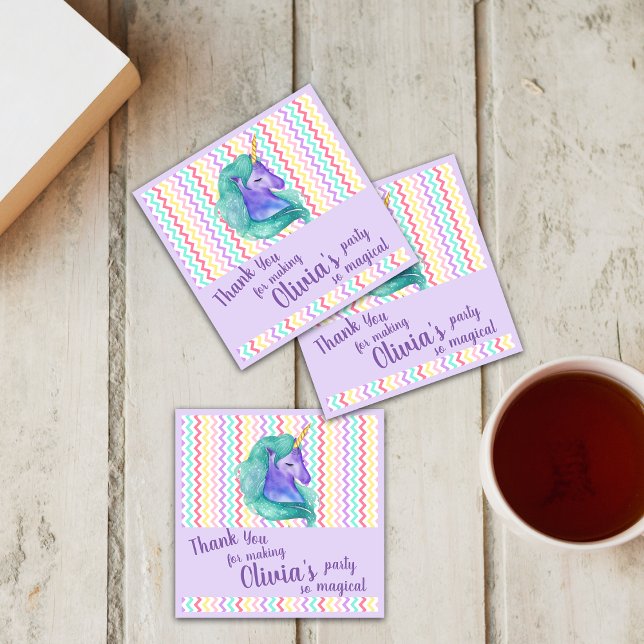 Magic Unicorn Chevron Pastel Barns födelsedag Part Underlägg Papper Kvadrat (Magical Unicorn Chevron Pastel Kids Birthday Party Square Paper Coaster)