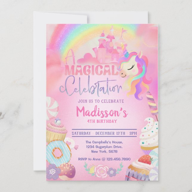 Magic Unicorn Donut Sweet Birthday-inbjudan Inbjudningar (Framsida)