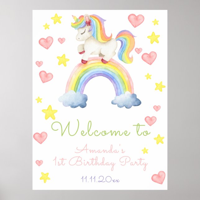 Magic Unicorn First Birthday Välkommen Poster (Framsidan)