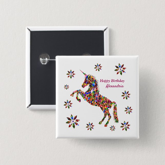 Magic Unicorn Flowers Birthday Personalize Knapp (Framsida & baksida)
