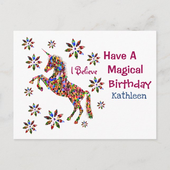 Magic Unicorn Flowers Birthday Personalize Vykort (Framsida)